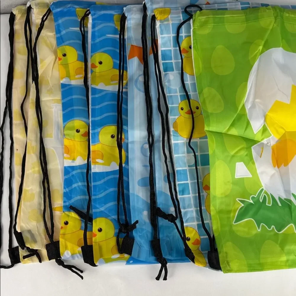 NWOT Duck-Themed Kids Drawstring Backpack Set - Yellow, Pink, Blue 8 pack